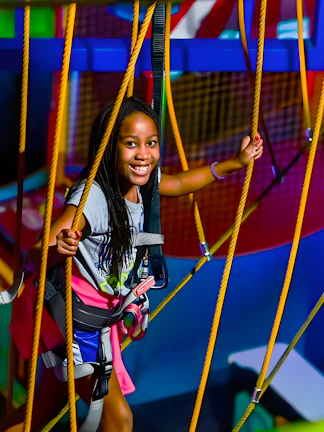 Child navigating ropes course at WonderWorks, Orlando theme park.