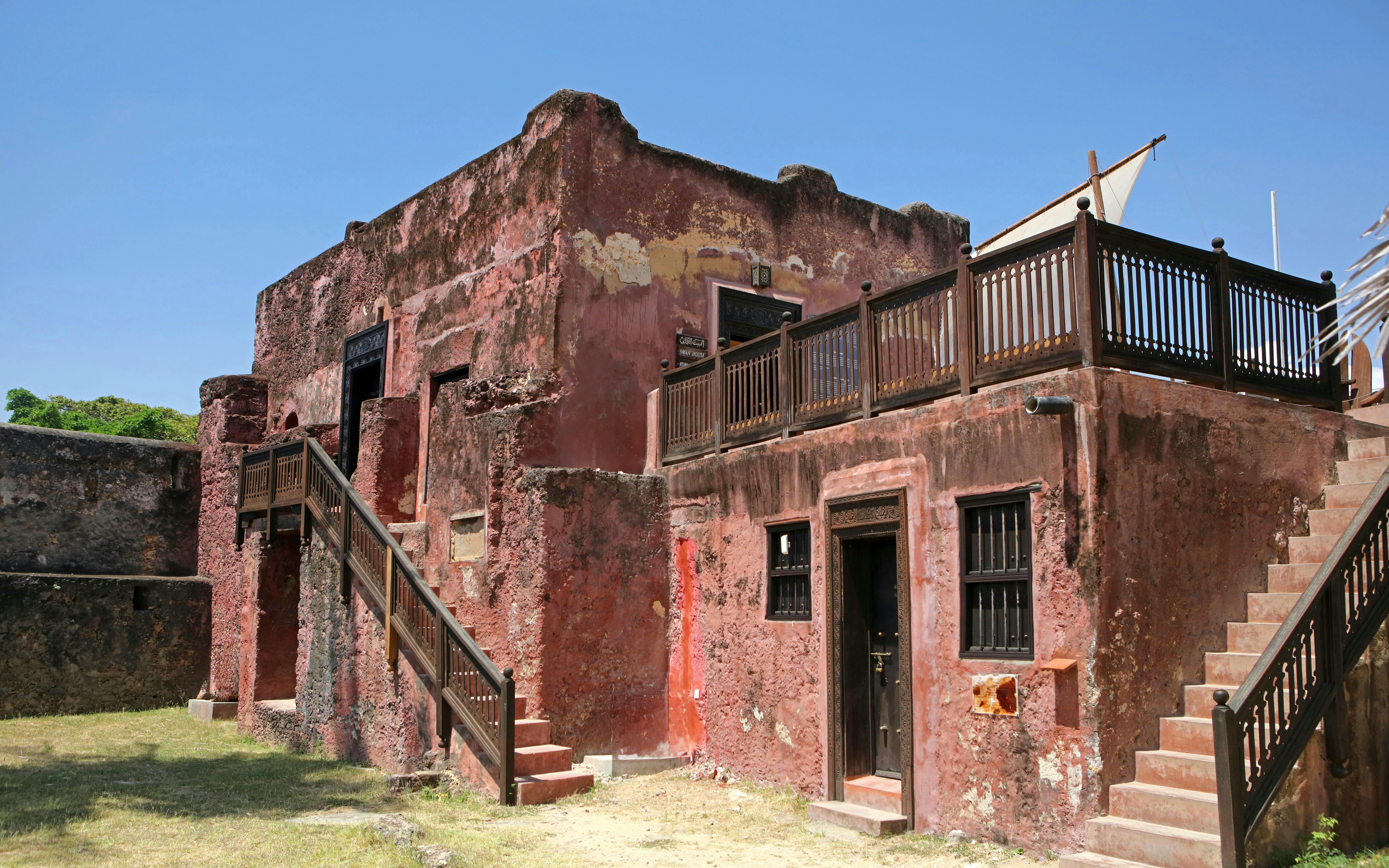 Omani House with wooden railings in Fort Jesus, Mombasa, Kenya.