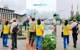 Tourists exploring Jakarta landmarks with a multilingual guide, including a mosque, harbor, and cathedral.