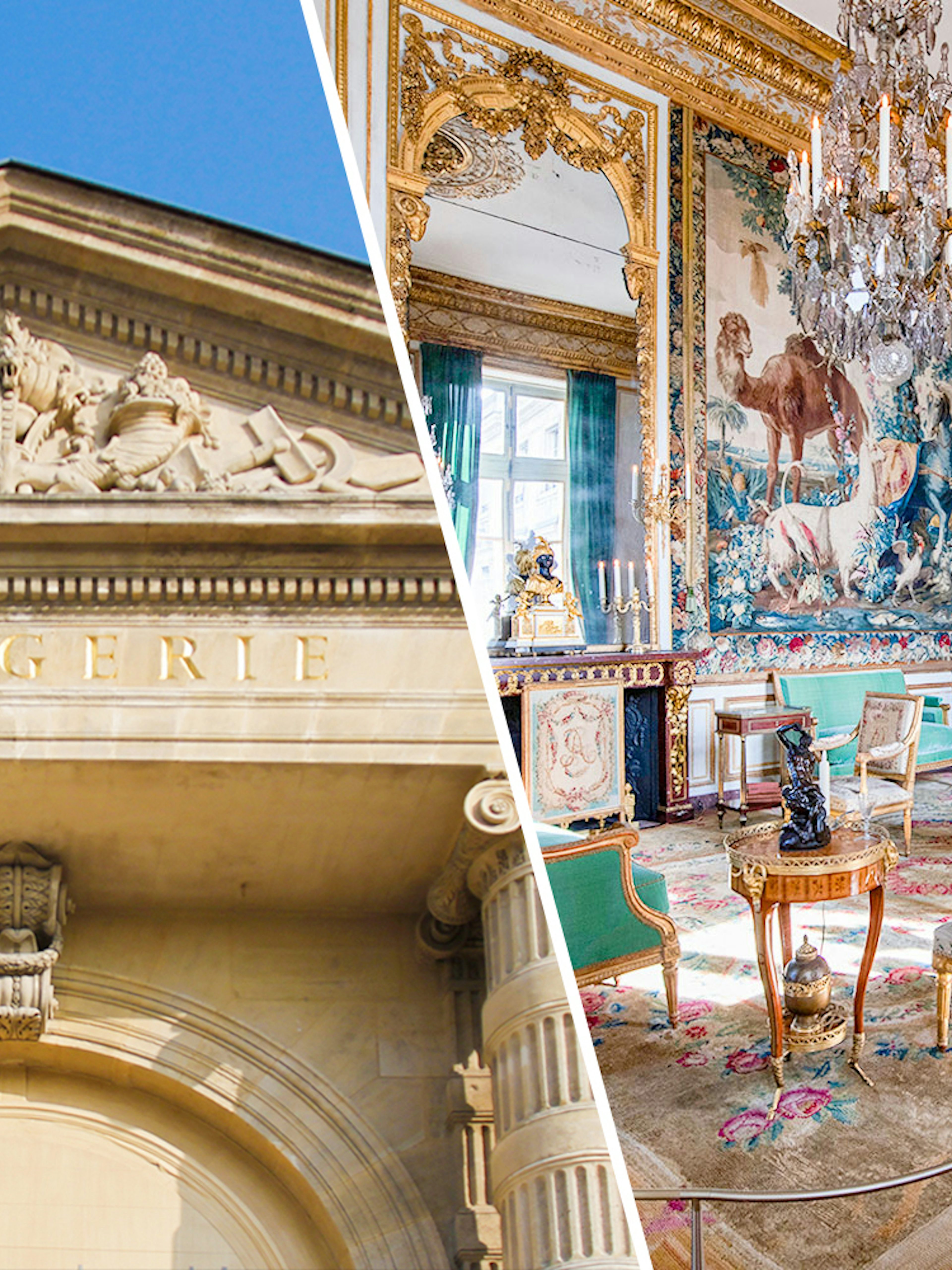 Orangerie Museum facade and ornate room in Hôtel de la Marine, Paris.