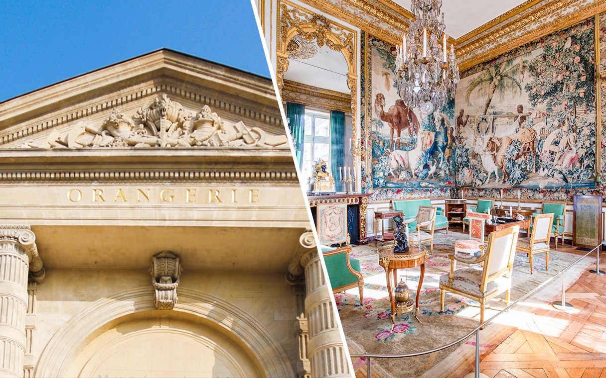 Orangerie Museum facade and ornate room in Hôtel de la Marine, Paris.