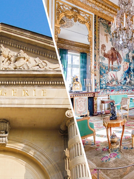 Orangerie Museum facade and ornate room in Hôtel de la Marine, Paris.