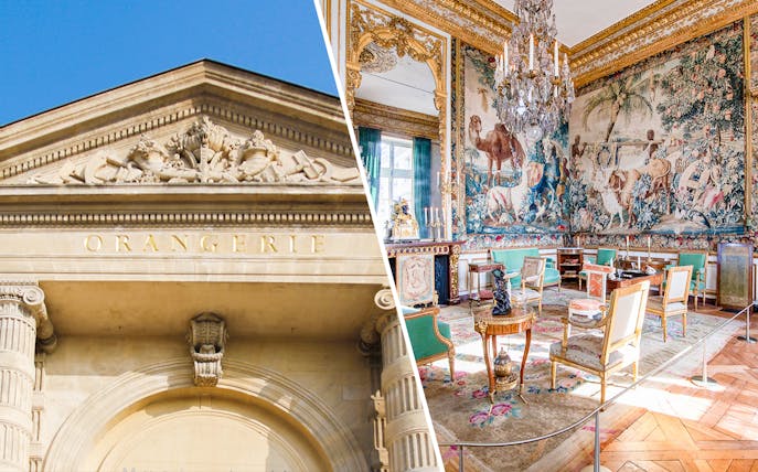 Orangerie Museum facade and ornate room in Hôtel de la Marine, Paris.