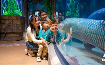 Family observing large fish at Angkor Wildlife and Aquarium, Siem Reap.