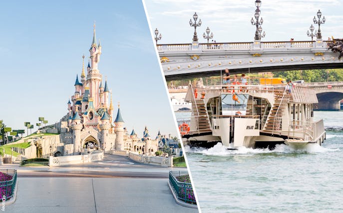 Disneyland Paris Sleeping Beauty Castle and Seine River cruise boat.