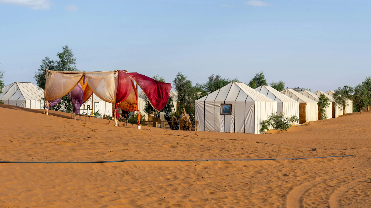 Tents in a desert camp in the Sahara Desert, Merzouga, Morocco.