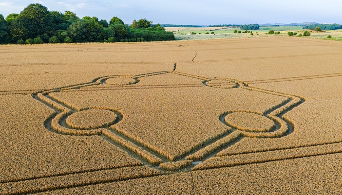 Crop circle in a wheat field at Normanton Down, near Stonehenge.