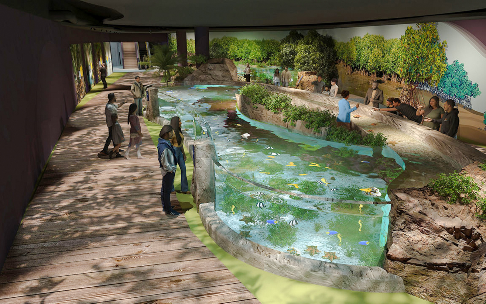 Visitors observing marine life in a Singapore Oceanarium ecosystem exhibit.