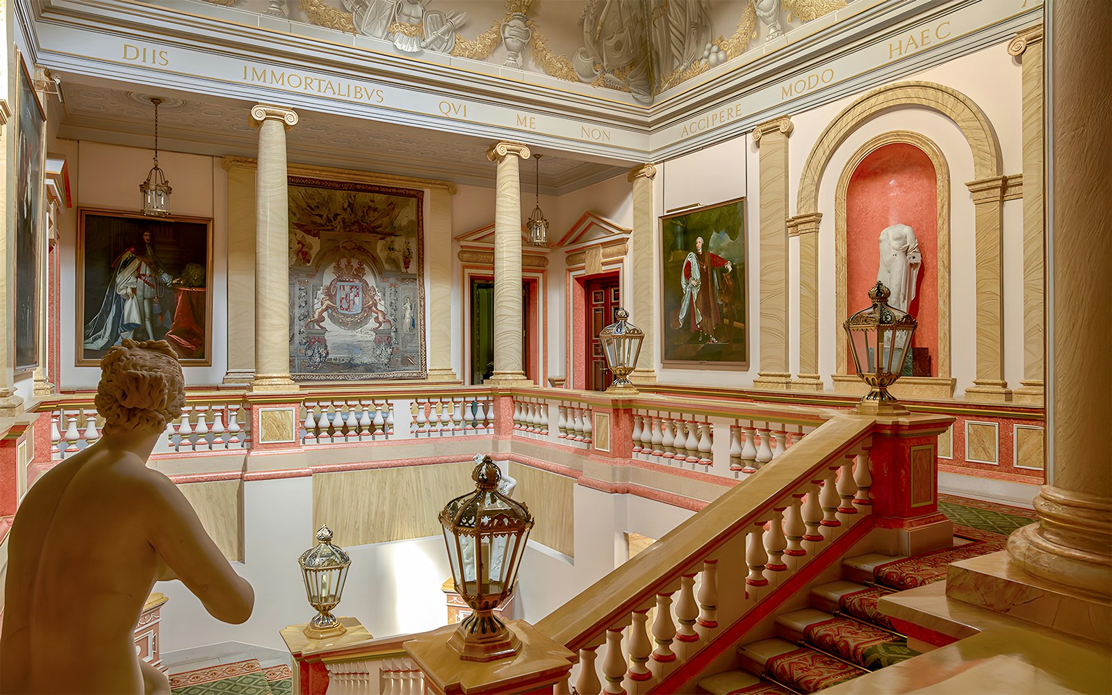 Staircase inside Liria Palace, Madrid, featuring ornate architecture and elegant design.