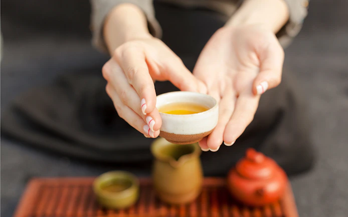 Hands holding a tea bowl during a Kyoto tea ceremony.
