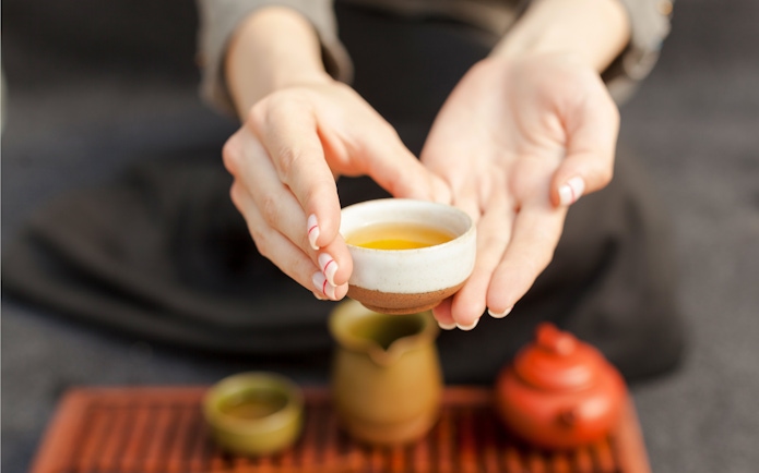 Hands holding a tea bowl during a Kyoto tea ceremony.