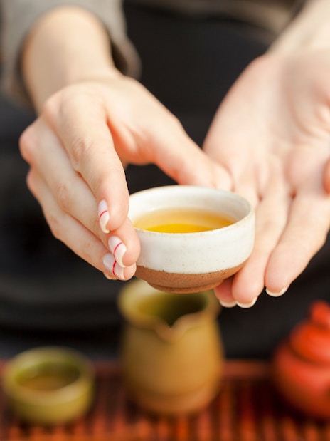 Hands holding a tea bowl during a Kyoto tea ceremony.