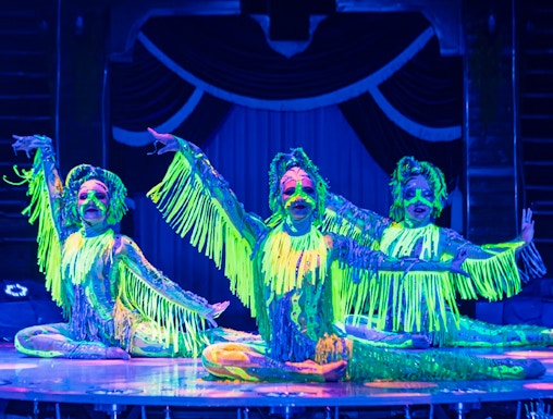 Performers in neon costumes at Aqua Circus show.
