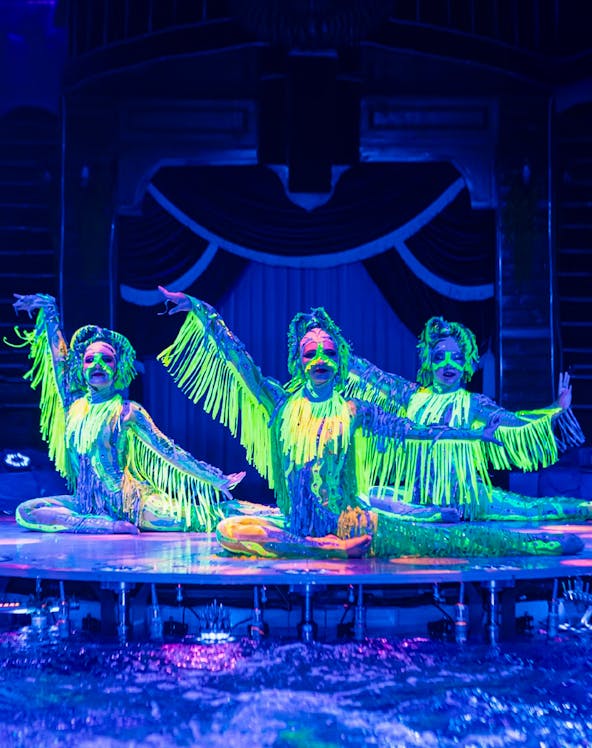 Performers in neon costumes at Aqua Circus show.