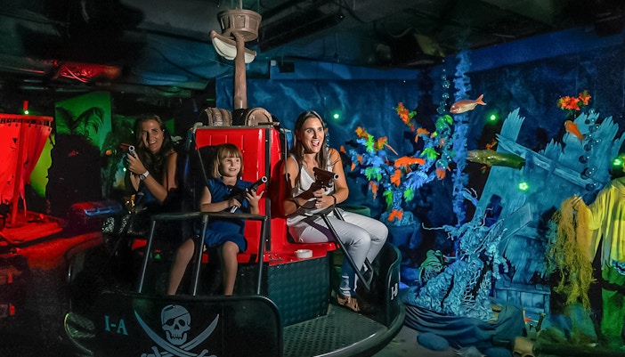 Pirate-themed water ride at The Pirate's Lair, Isla Mágica, Seville.