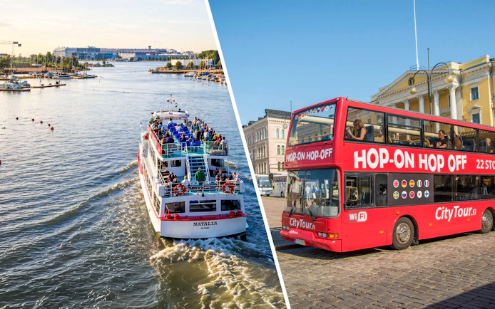 Helsinki Archipelago cruise boat and red hop-on hop-off bus near city landmarks.