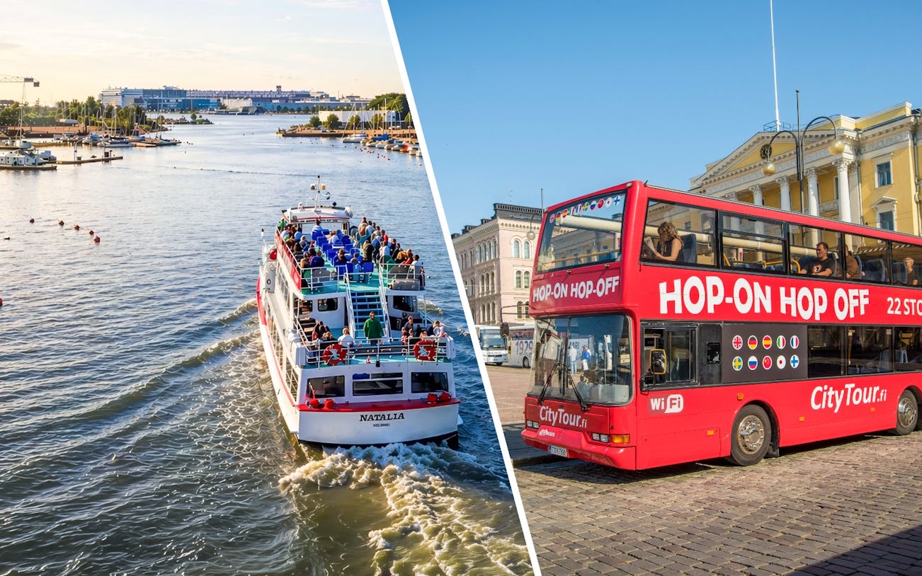 Helsinki Archipelago cruise boat and red hop-on hop-off bus near city landmarks.