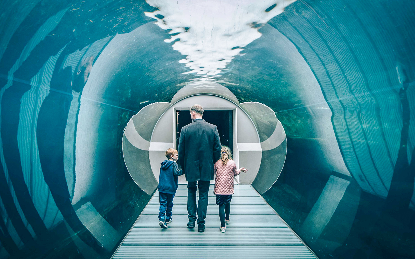 Family walking through aquarium tunnel in Copenhagen.