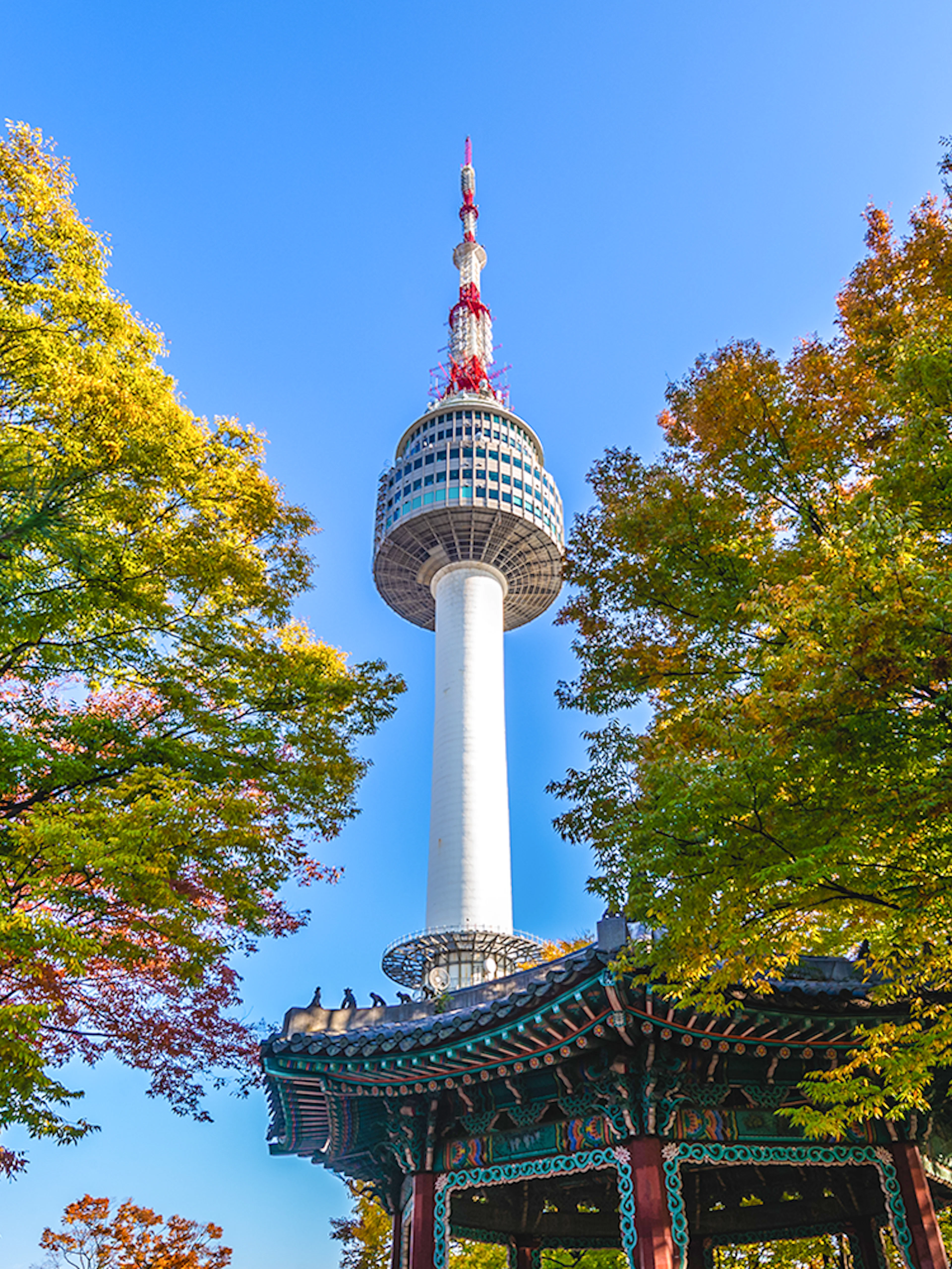 Seoul Tower surrounded by colorful autumn leaves in Seoul, South Korea.