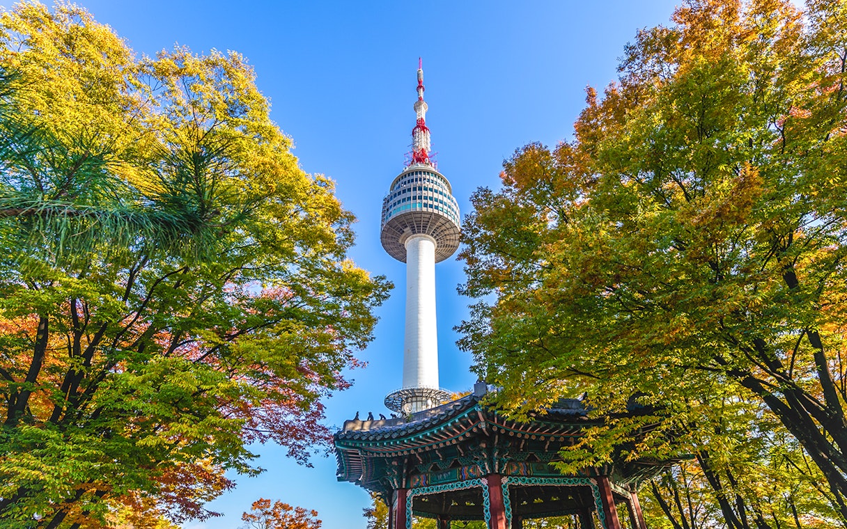 Seoul Tower surrounded by colorful autumn leaves in Seoul, South Korea.