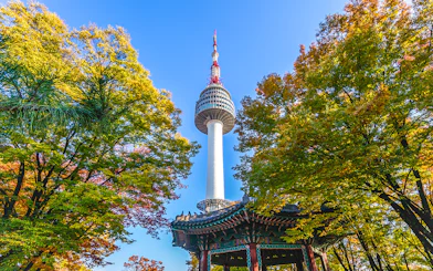 Seoul Tower surrounded by colorful autumn leaves in Seoul, South Korea.