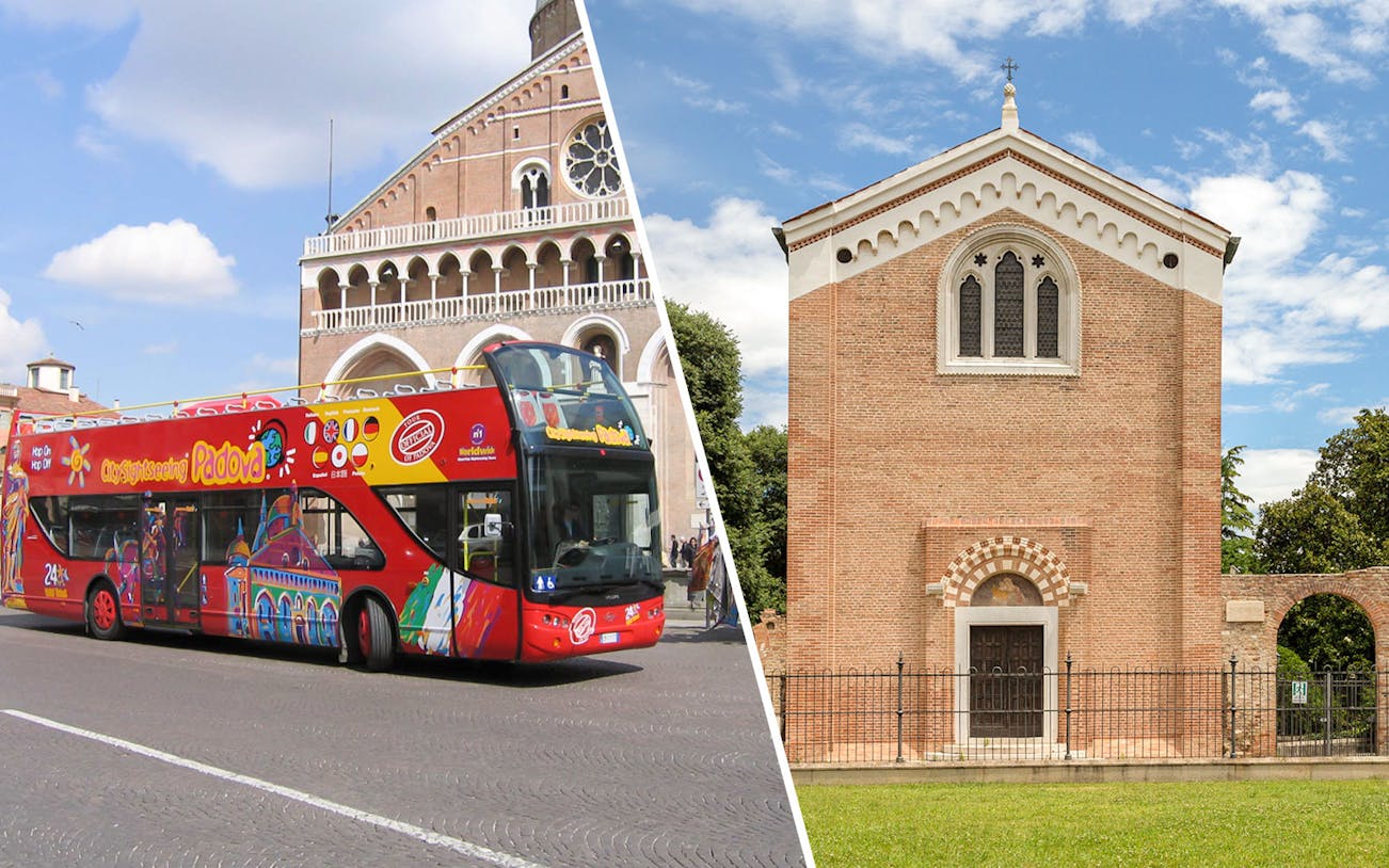 Hop-on hop-off bus in Padua and Giotto Scrovegni Chapel exterior.