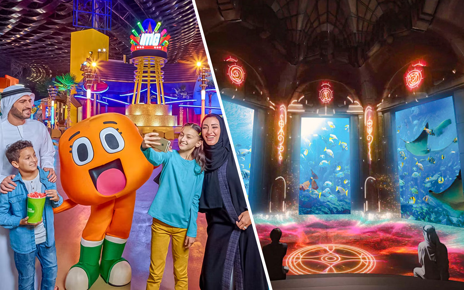 Family enjoying IMG Worlds of Adventure and The Lost World Aquarium exhibits.