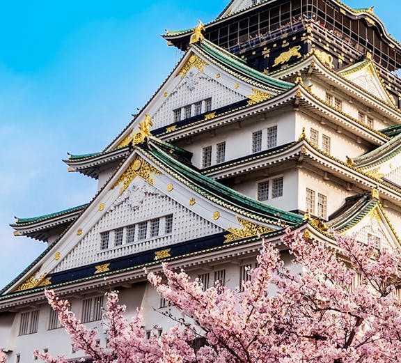 Osaka Castle with cherry blossoms in full bloom under a clear blue sky.