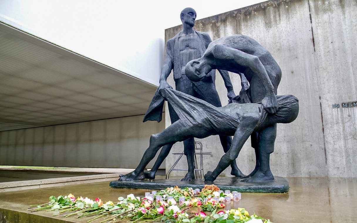Sculpture depicting figures at Sachsenhausen Concentration Camp memorial.
