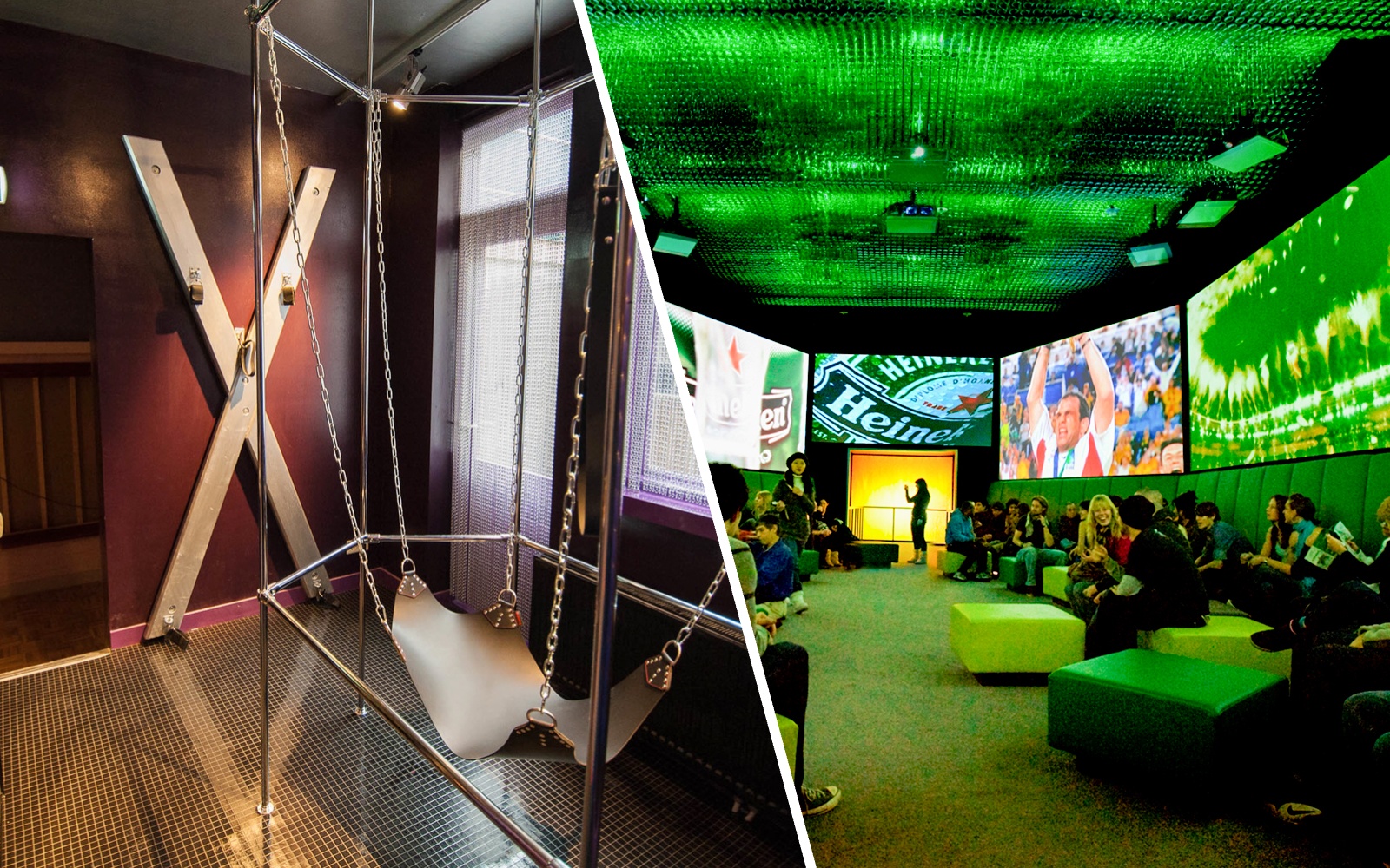 Red Light Secrets Museum exhibit and Heineken Experience tour room in Amsterdam.