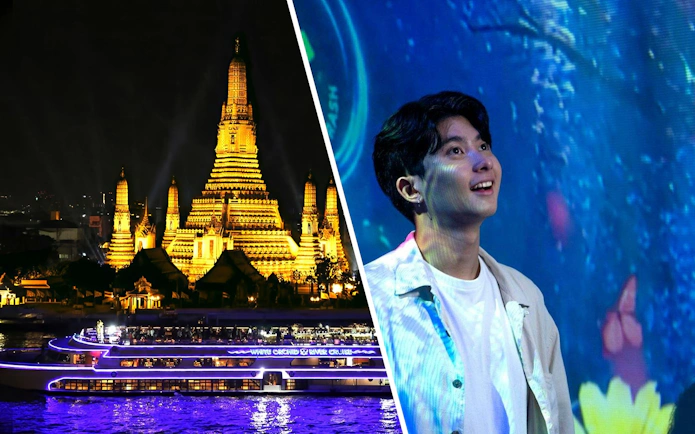 Wat Arun illuminated at night with White Orchid River Cruise on Chao Phraya River; interactive exhibit attendee.