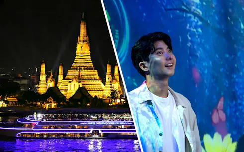 Wat Arun illuminated at night with White Orchid River Cruise on Chao Phraya River; interactive exhibit attendee.