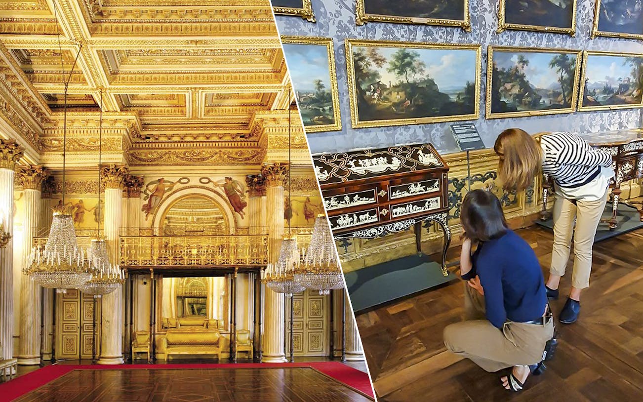 Royal Palace of Turin's ornate hall and visitors at Palazzo Madama exhibit.