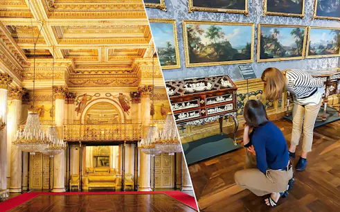 Royal Palace of Turin's ornate hall and visitors at Palazzo Madama exhibit.