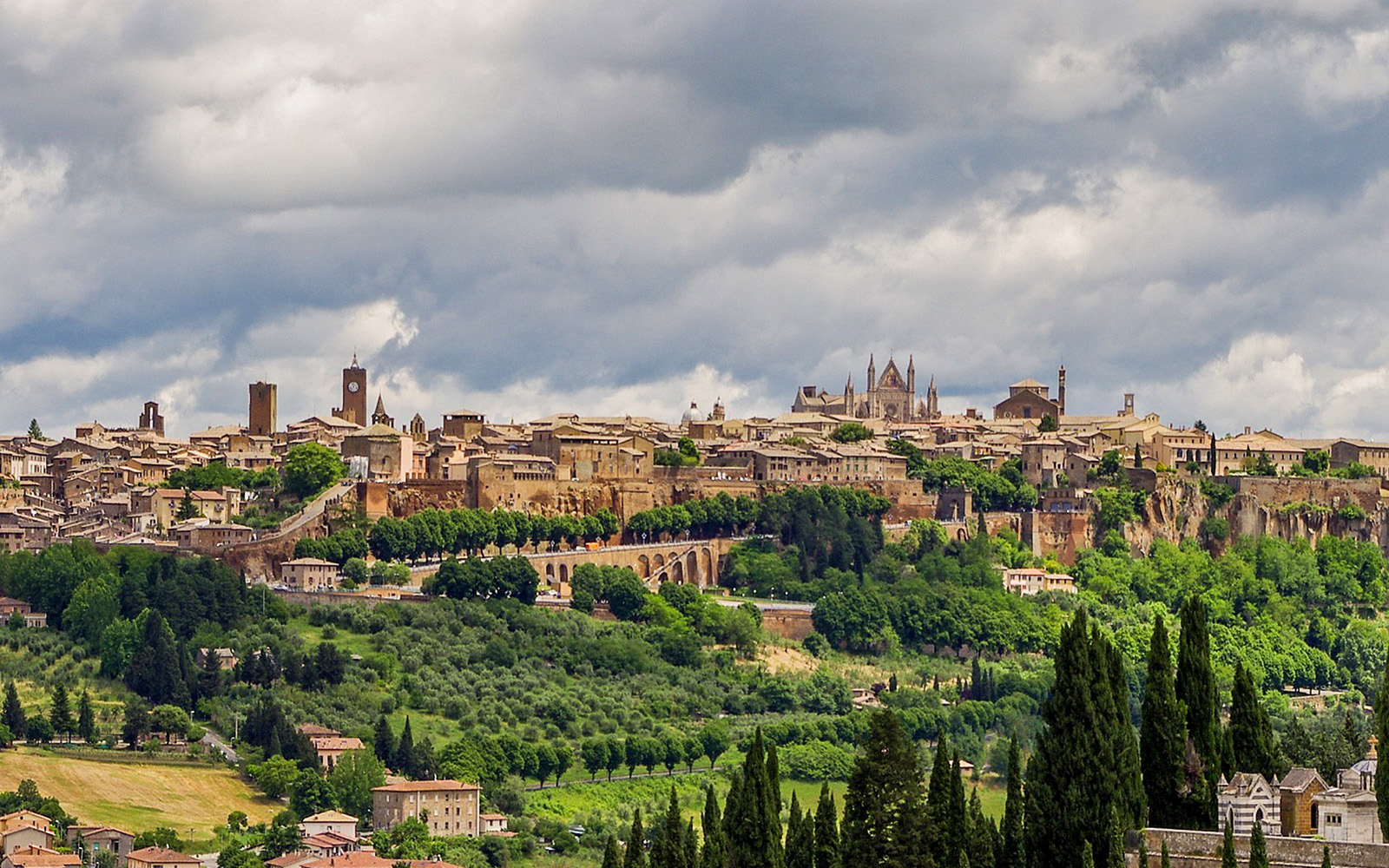 Orvieto skyline with historic buildings and cathedral, Italy.