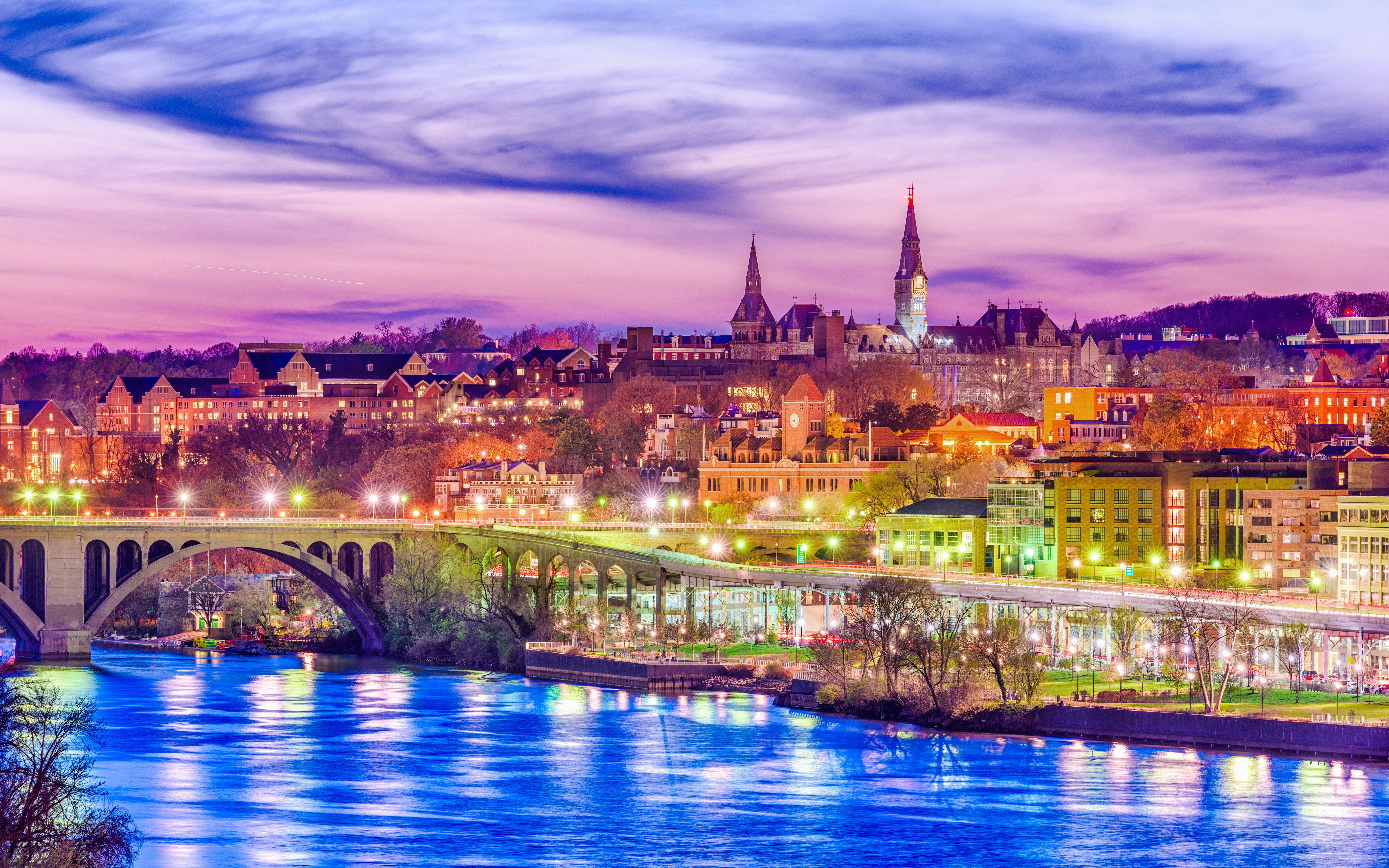 Georgetown waterfront and Key Bridge at dusk, Washington DC.
