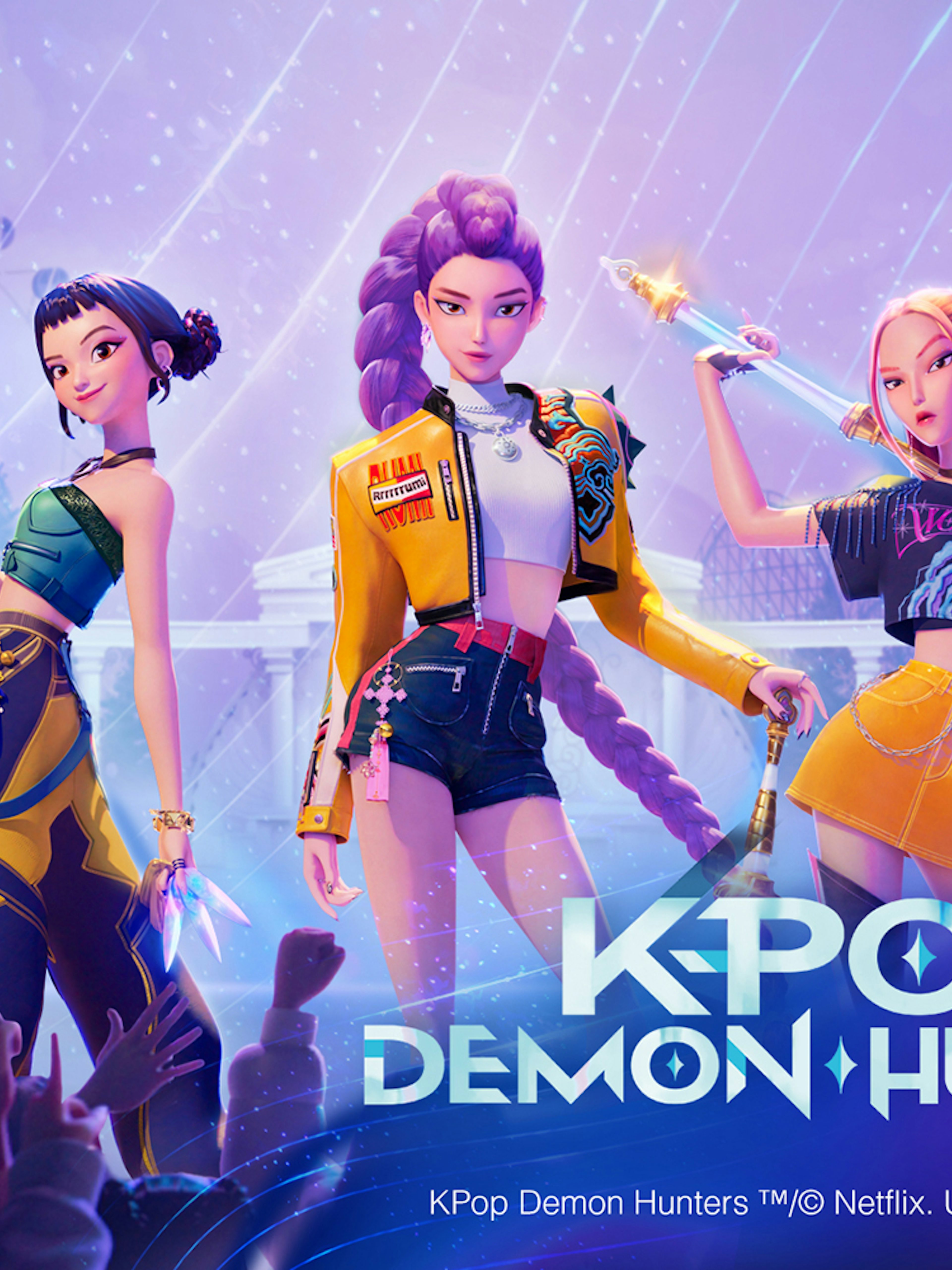 K-pop demon hunters at Everland Resort with roller coaster backdrop.