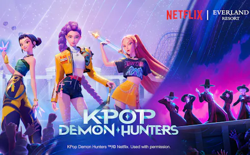 K-pop demon hunters at Everland Resort with roller coaster backdrop.