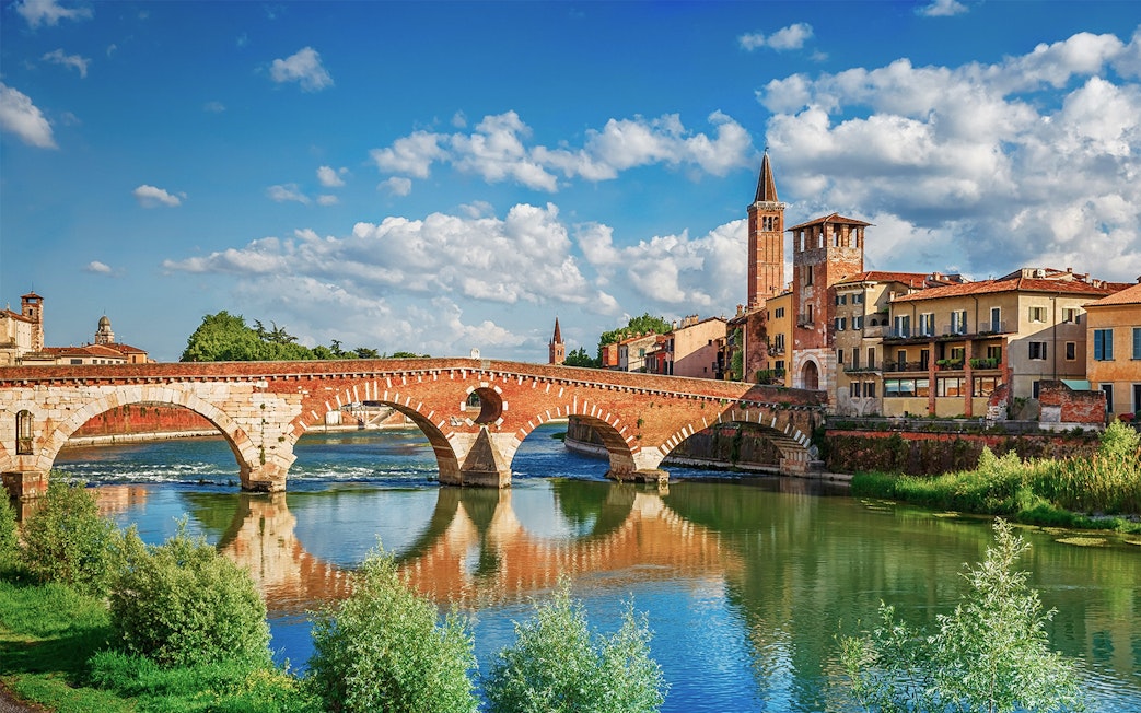 Verona's Ponte Pietra bridge over the Adige River, Italy.
