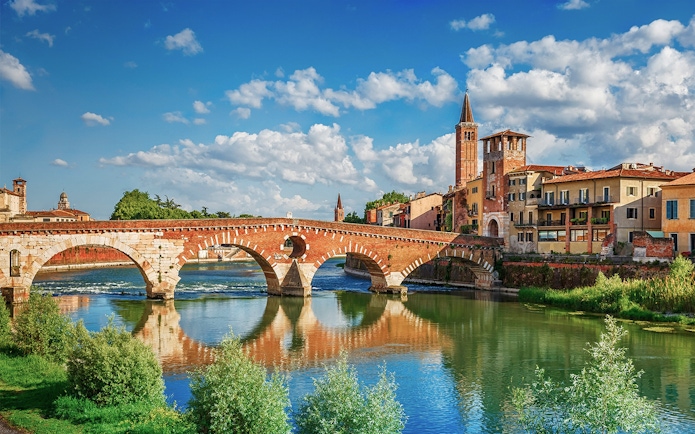 Verona's Ponte Pietra bridge over the Adige River, Italy.
