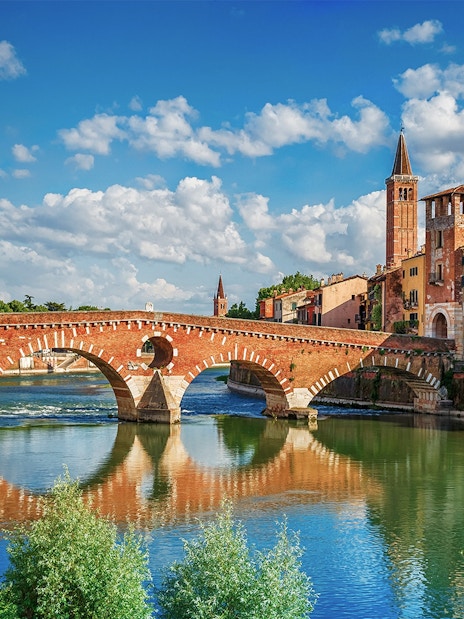 Verona's Ponte Pietra bridge over the Adige River, Italy.