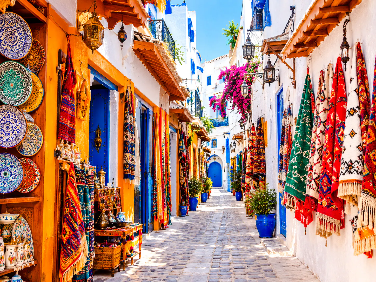 Colorful rugs and pottery line a narrow street in Tangier's Kasbah, with vibrant Mediterranean decor.