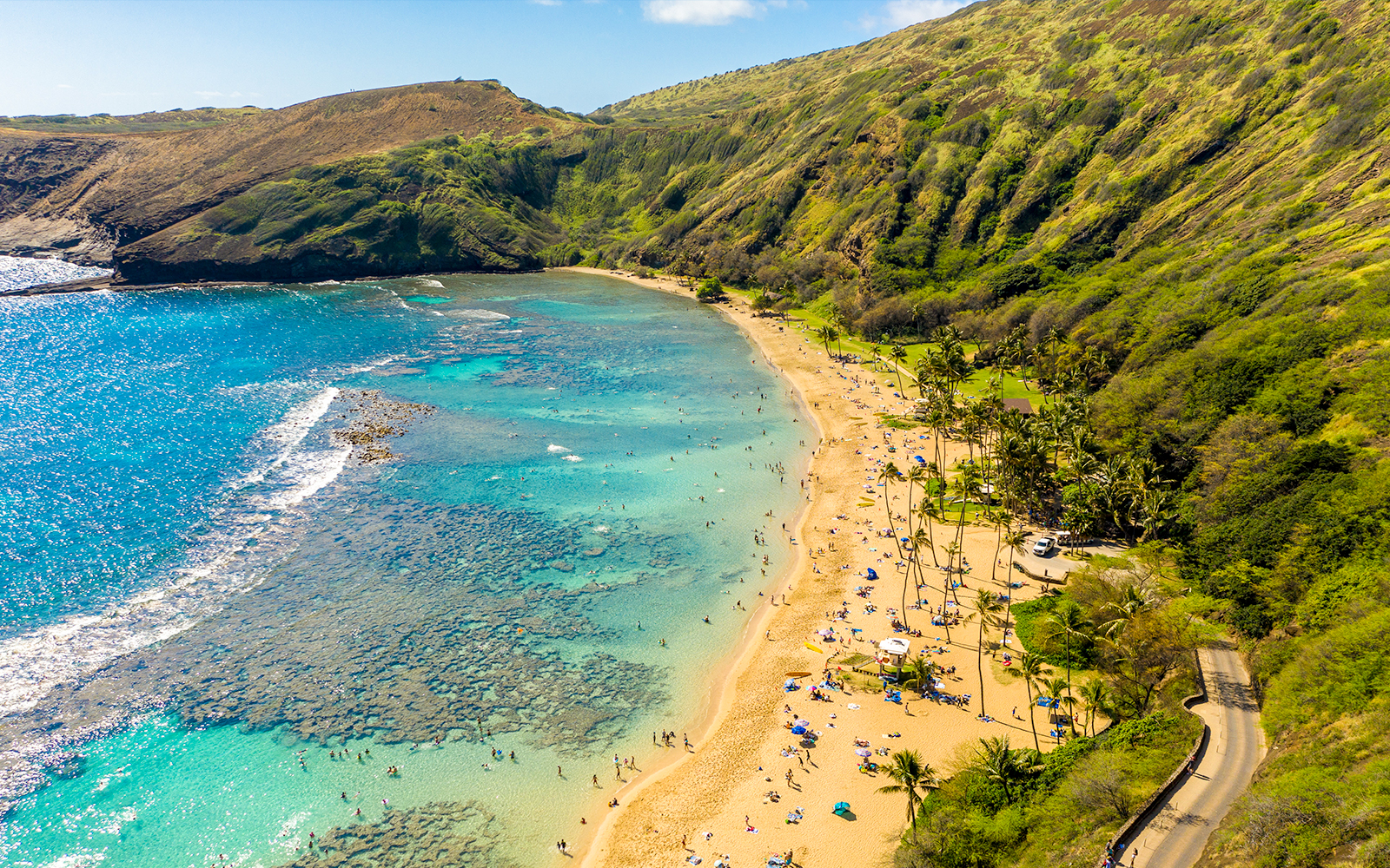 Aerial view of the clear water of Hanauma Bay nature preserve near Waikiki on Oahu, Hawaii