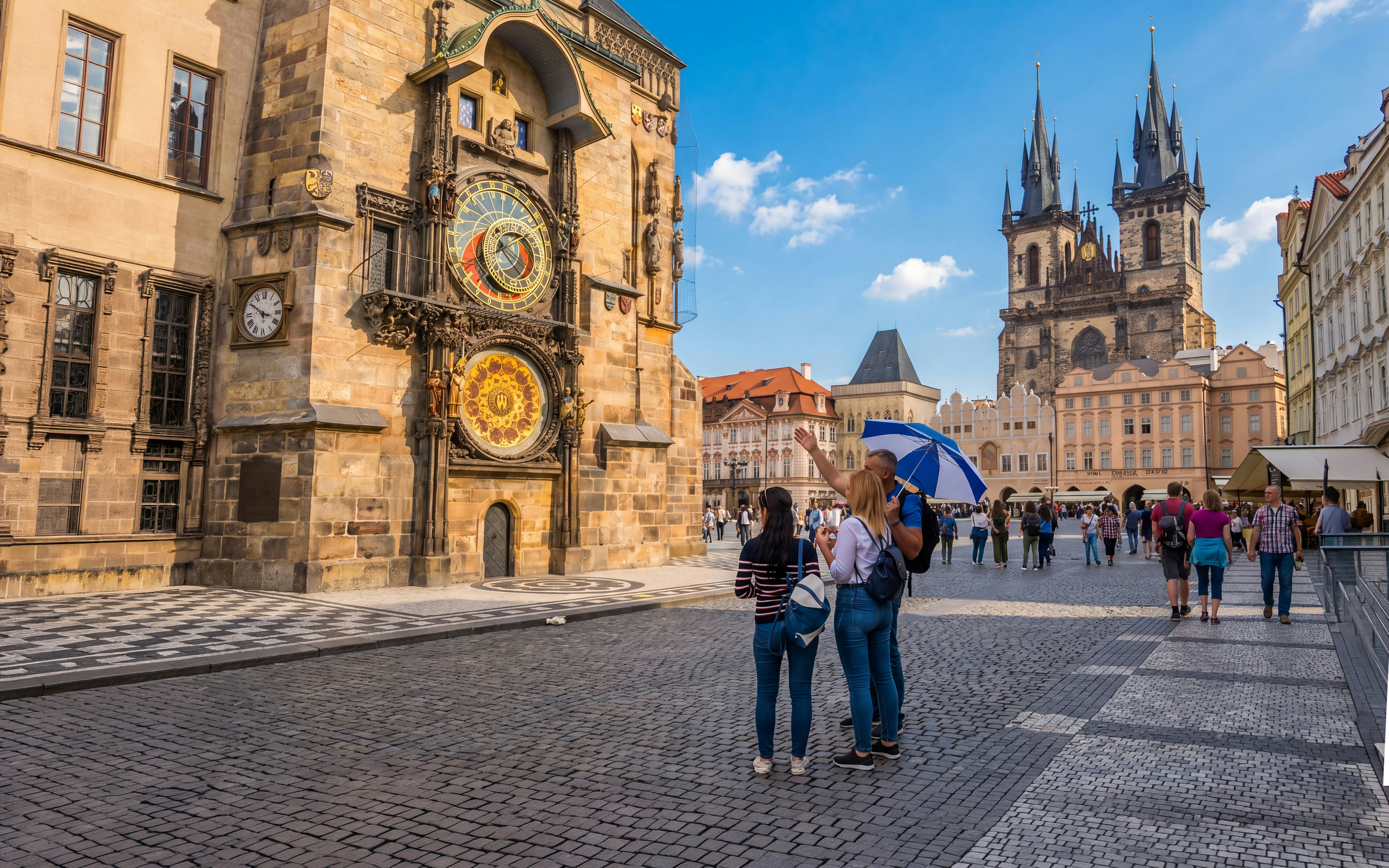 Prague Astronomical Clock with tourists on a guided tour in Old Town Square.