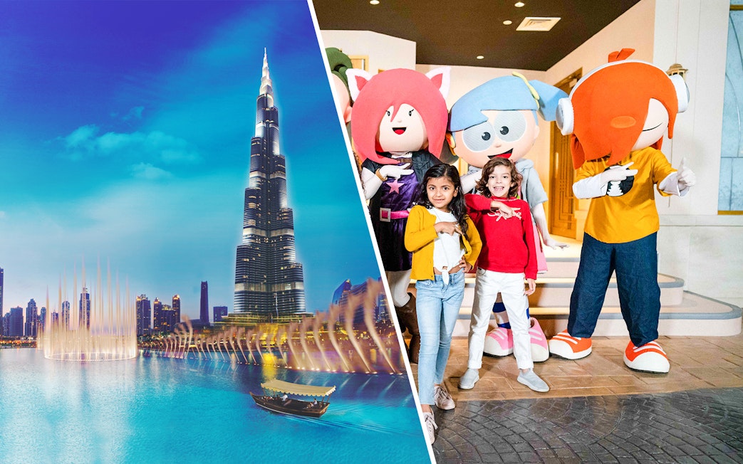 Burj Khalifa and Dubai Mall characters with children on a Super Saver Dubai Mall Day Out.