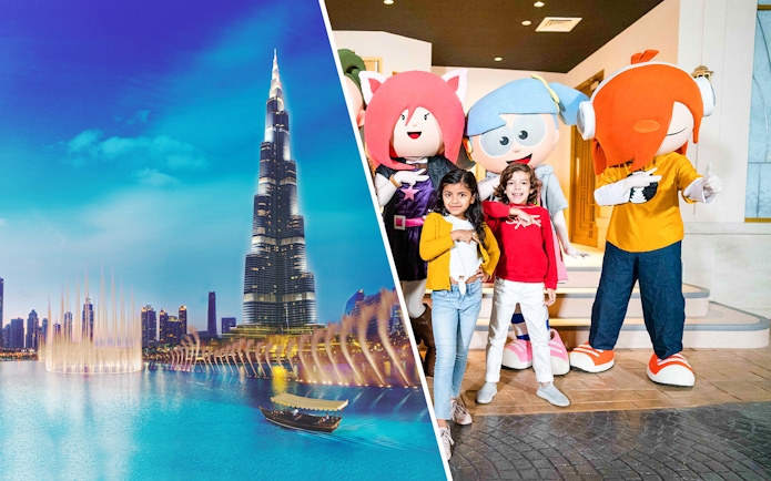 Burj Khalifa and Dubai Mall characters with children on a Super Saver Dubai Mall Day Out.