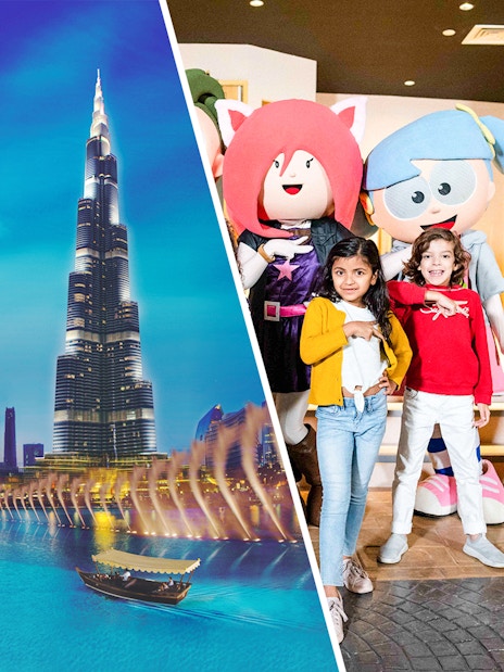 Burj Khalifa and Dubai Mall characters with children on a Super Saver Dubai Mall Day Out.