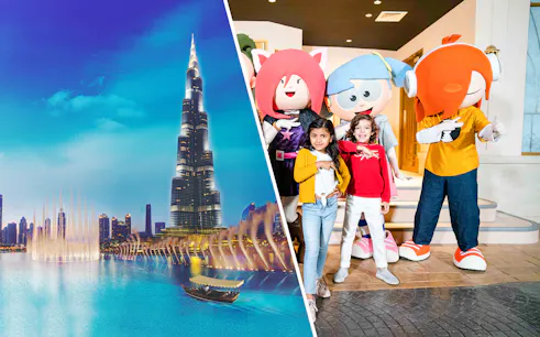 Burj Khalifa and Dubai Mall characters with children on a Super Saver Dubai Mall Day Out.