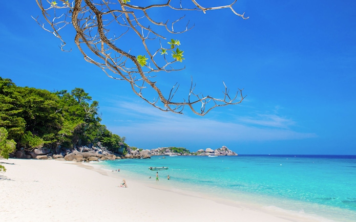 Crystal-clear waters and sandy beach at Miang Island, Koh 4, with lush greenery and distant rocks.