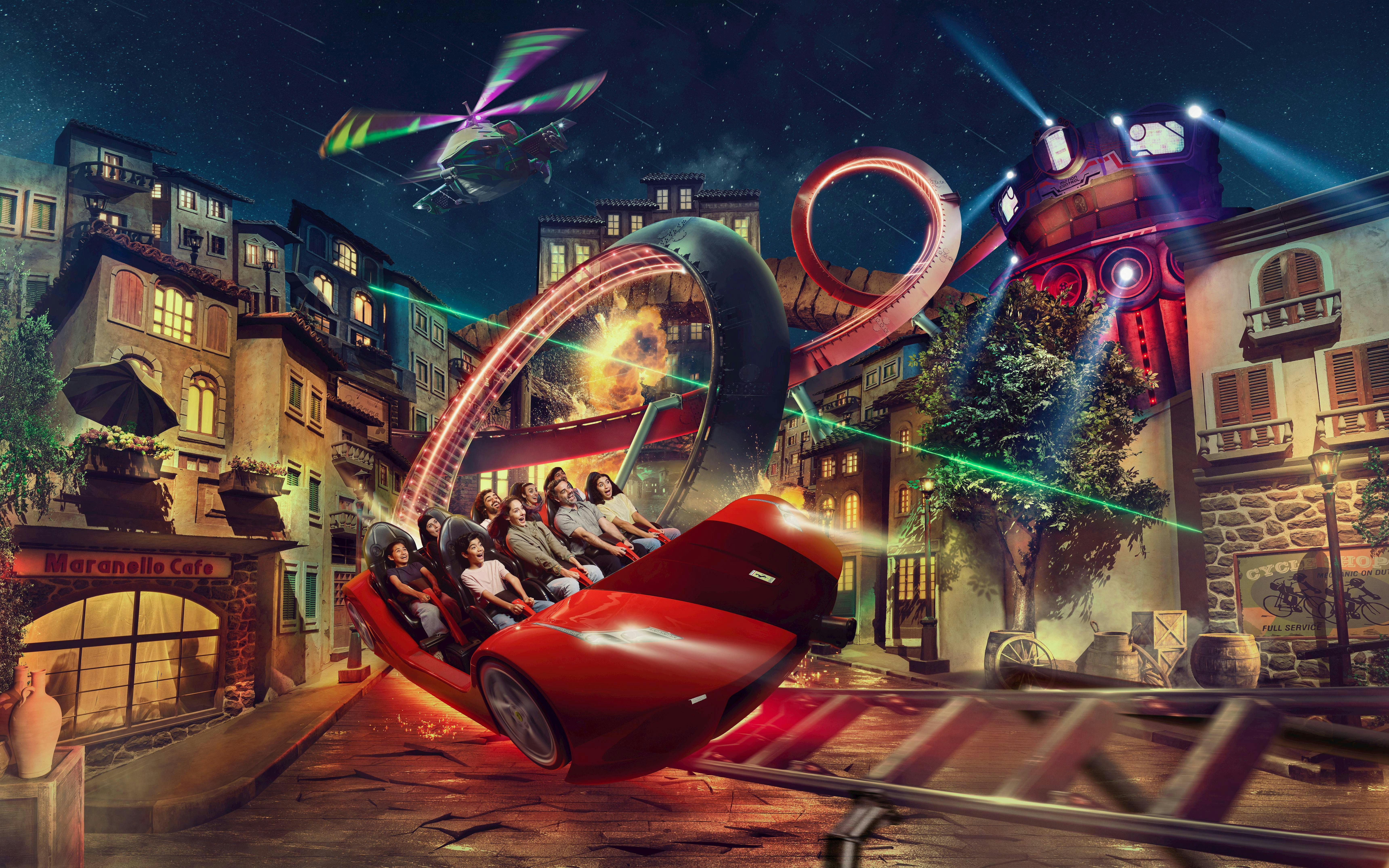 Roller coaster ride at Ferrari World Abu Dhabi with people enjoying a thrilling loop.